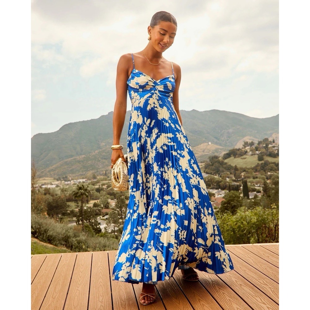 Aakaa Blue and Cream Floral Pleated Maxi Dress